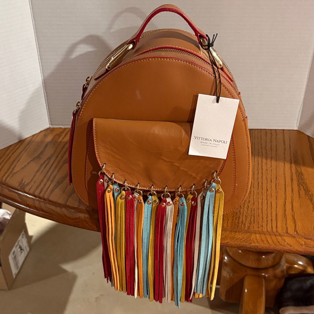 Vittoria Napoli Brown Leather Bag with Colorful Tassels
